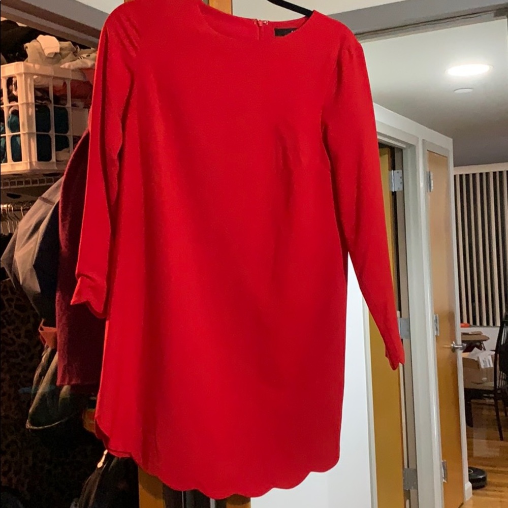 Red shift dress with scalloped trim